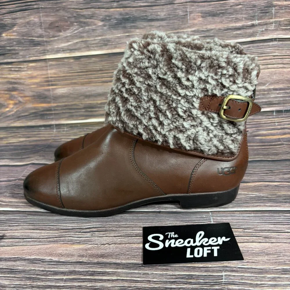 Ugg Women's Inez Round Toe Ankle Boot‎ Fold Over Cuff Brown Boots Size 8